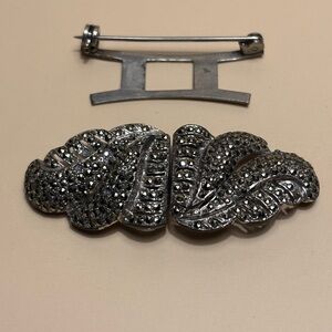 Vintage Silver Marcasite Duette Brooch 2”